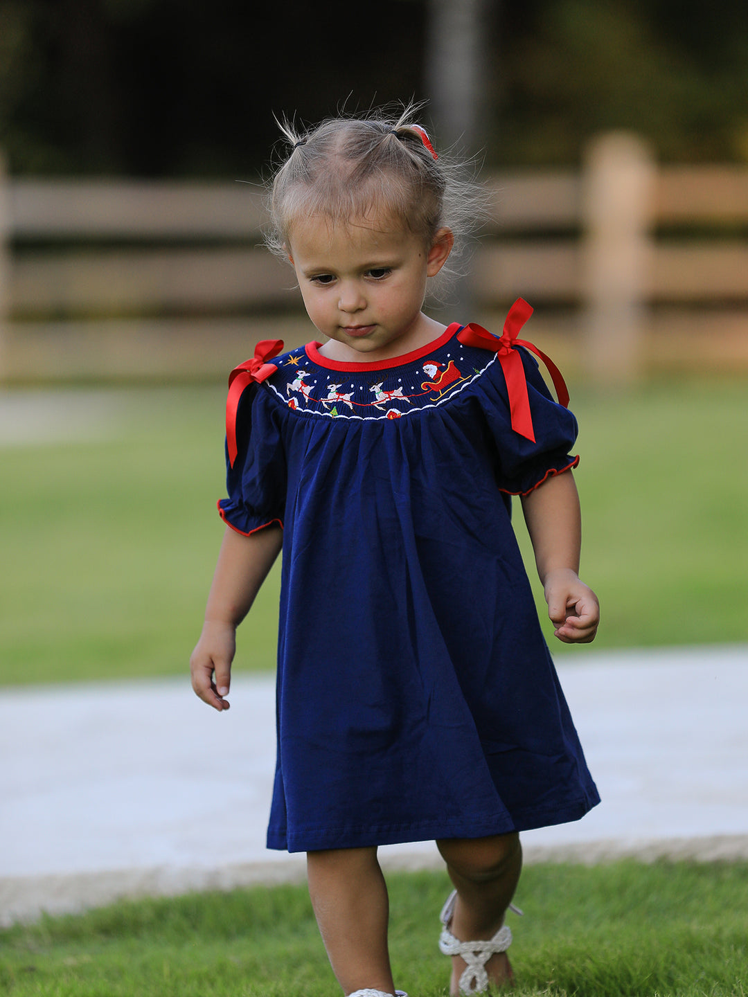 Christmas Navy with Santa Sleigh Machine Smocked Dress Rylee Faith