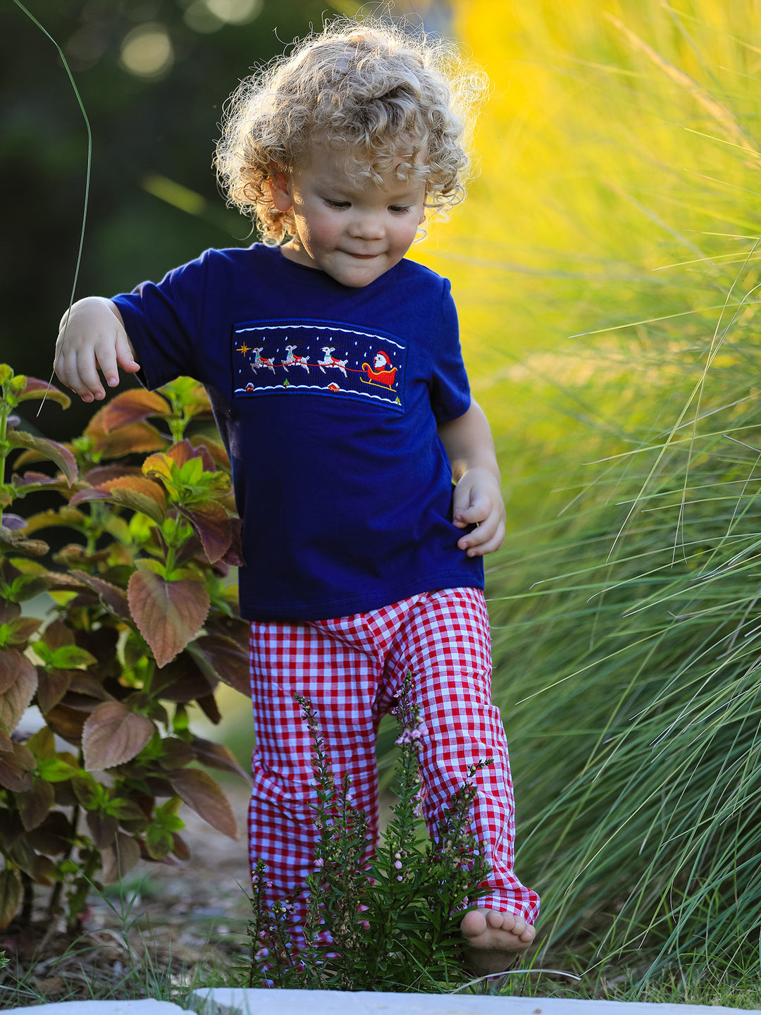 Christmas Navy with Santa Sleigh Machine Smocked Boy Pants Set Rylee Faith