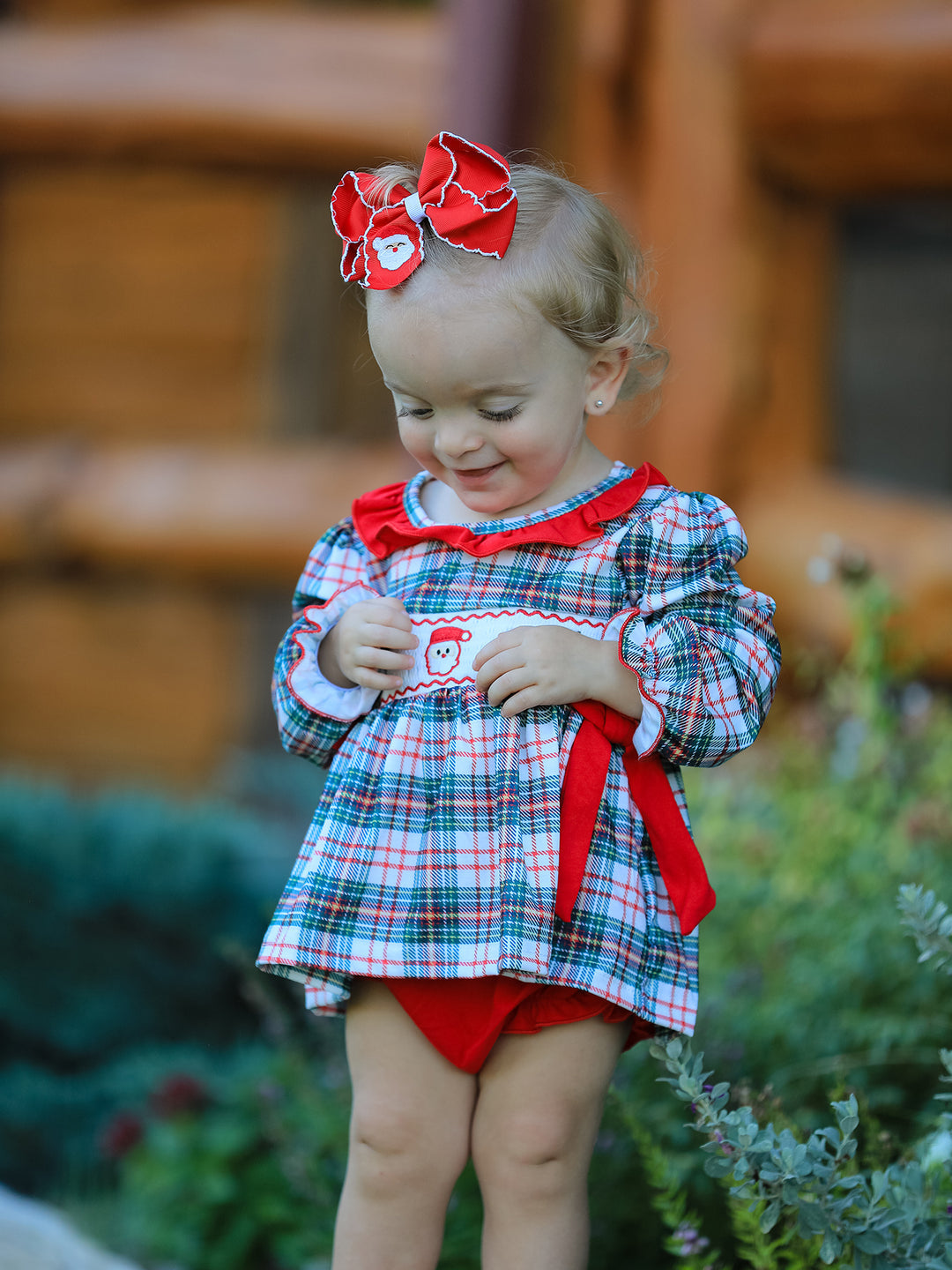 Christmas Plaid Santa Embroidered Girls Bloomer Set Rylee Faith