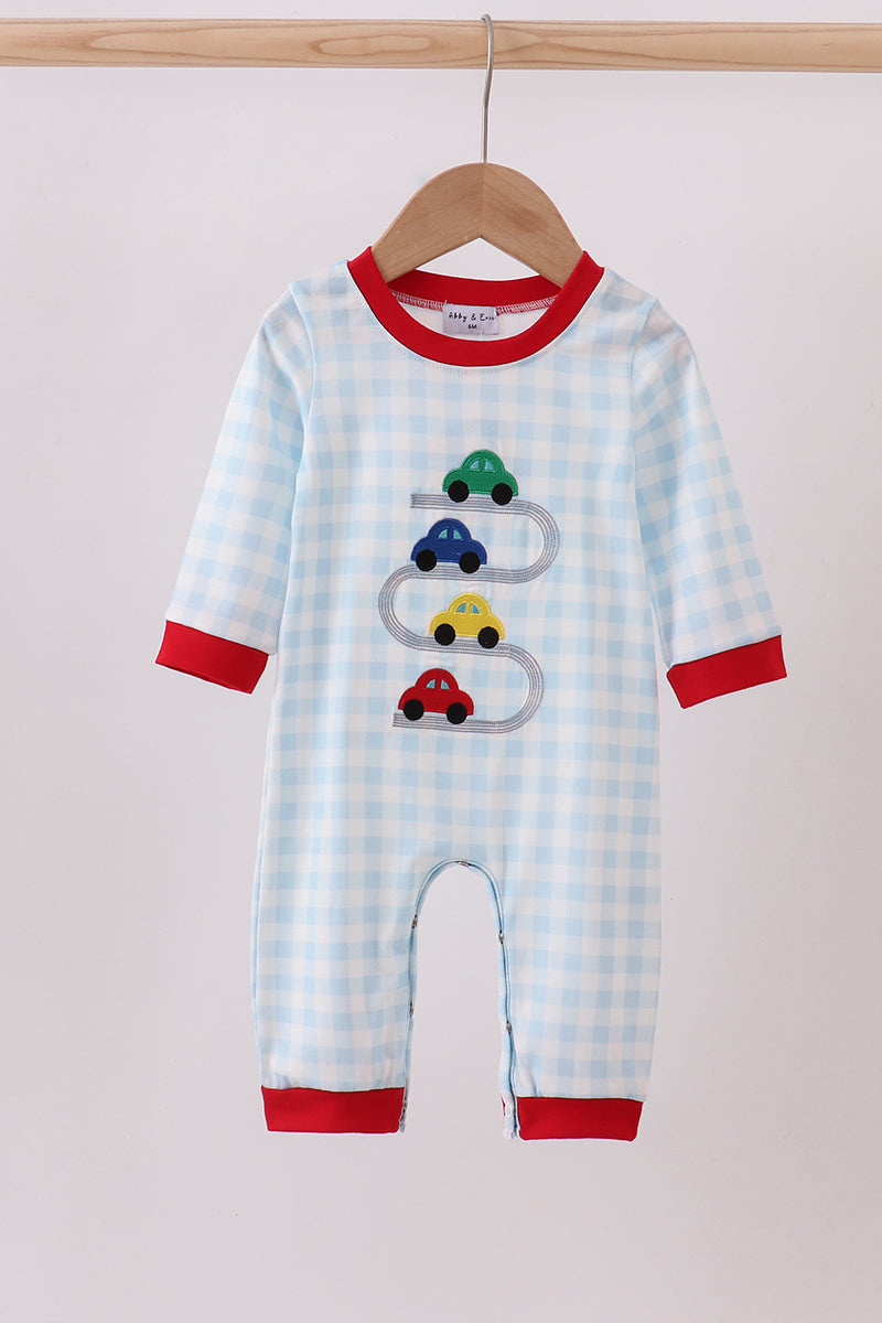 Blue Car Embroidery Gingham Romper Honeydew