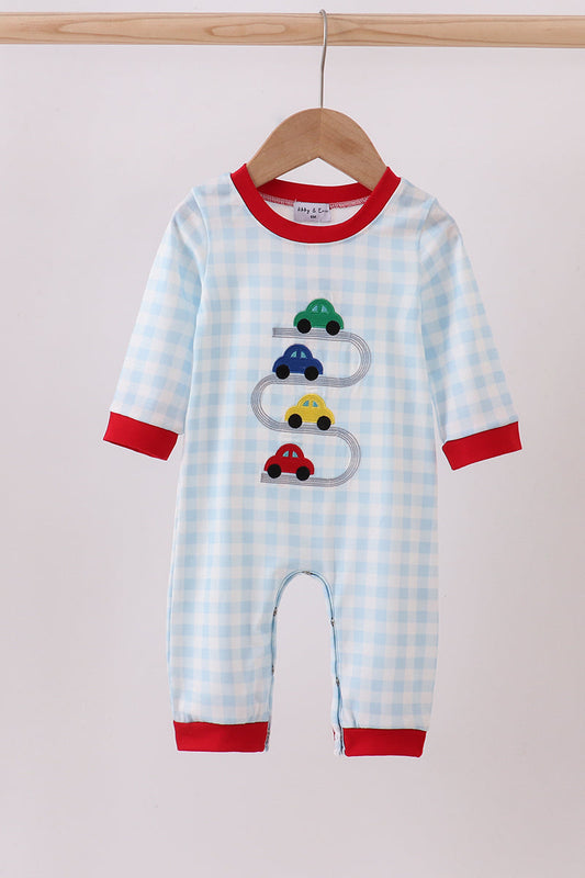 Blue Car Embroidery Gingham Romper Honeydew