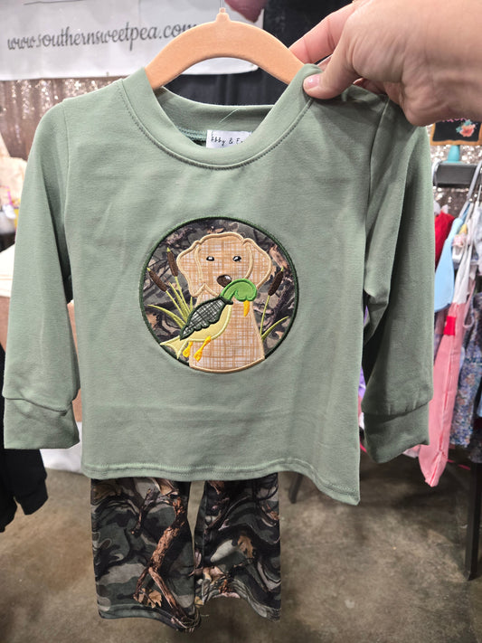 Camouflage Dog Hunting Applique Boy Pants Set Honeydew