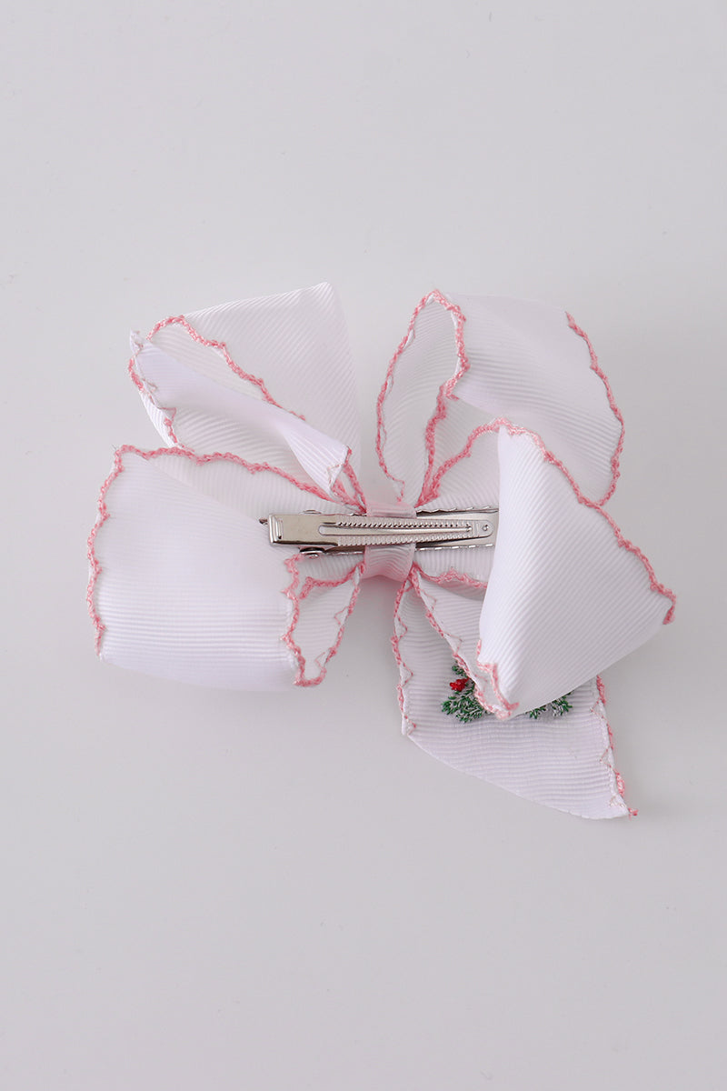 Christmas Tree Embroidery Crotchet Edge Alligator Clip Hair Bow Honeydew