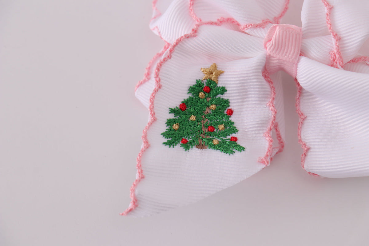 Christmas Tree Embroidery Crotchet Edge Alligator Clip Hair Bow Honeydew