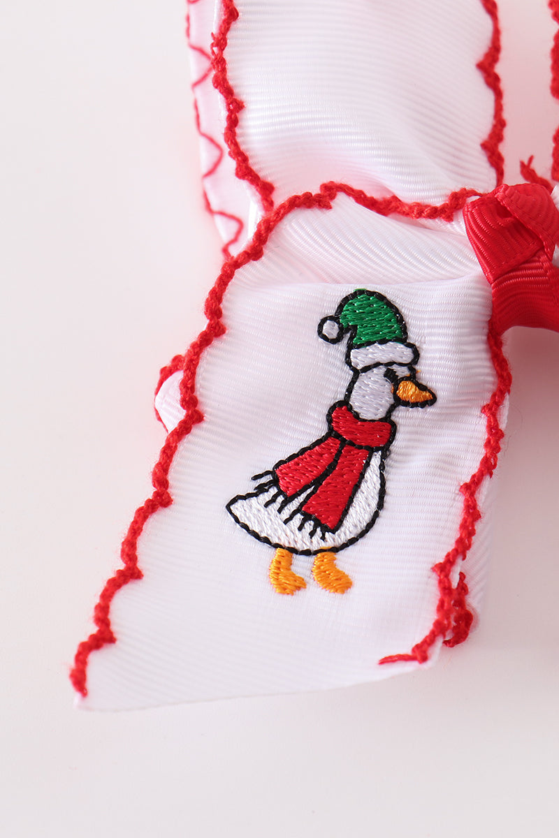 Red Goose Holiday Embroidery Crotchet Edge Alligator Clip Hair Bow Honeydew
