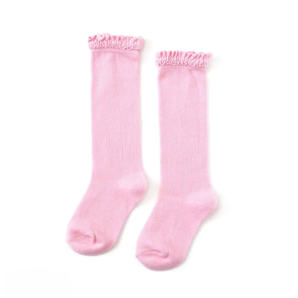 Peony Pink Lace Top Knee High Socks by Little Stocking Co Little Stocking Co
